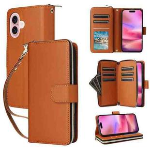 For iPhone 17 Nine-card Slots Zipper Wallet Bag Leather Phone Case(Brown)
