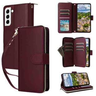 For Samsung Galaxy S22 5G Nine-card Slots Zipper Wallet Bag Leather Phone Case(Wine Red)