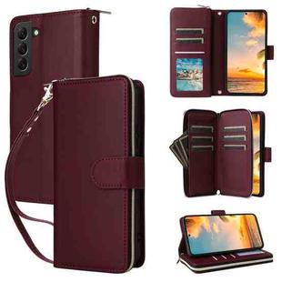 For Samsung Galaxy S22+ 5G Nine-card Slots Zipper Wallet Bag Leather Phone Case(Wine Red)