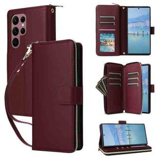 For Samsung Galaxy S22 Ultra 5G Nine-card Slots Zipper Wallet Bag Leather Phone Case(Wine Red)