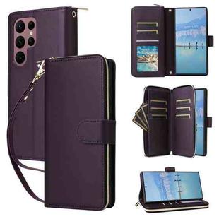 For Samsung Galaxy S22 Ultra 5G Nine-card Slots Zipper Wallet Bag Leather Phone Case(Dark Purple)