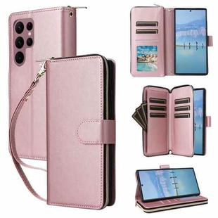 For Samsung Galaxy S22 Ultra 5G Nine-card Slots Zipper Wallet Bag Leather Phone Case(Rose Gold)