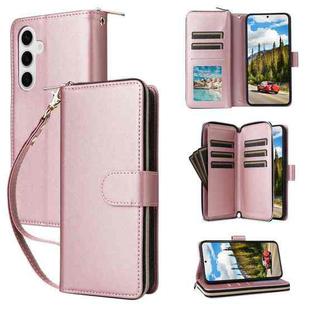 For Samsung Galaxy S24 5G Nine-card Slots Zipper Wallet Bag Leather Phone Case(Rose Gold)