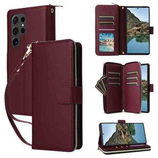 For Samsung Galaxy S24 Ultra 5G Nine-card Slots Zipper Wallet Bag Leather Phone Case(Wine Red)