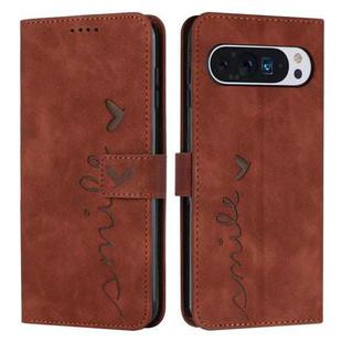 For Google Pixel 10 Pro XL Skin Feel Heart Embossed Leather Phone Case with Long Lanyard(Brown)