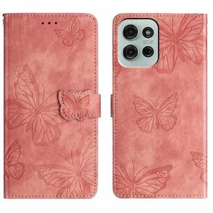 For Motorola Moto G75 Skin-feel Embossed Butterfly Leather Phone Case(Pink)