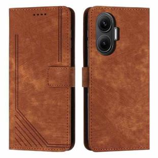 For Xiaomi Poco F7 Skin Feel Stripe Pattern Leather Phone Case with Lanyard(Brown)