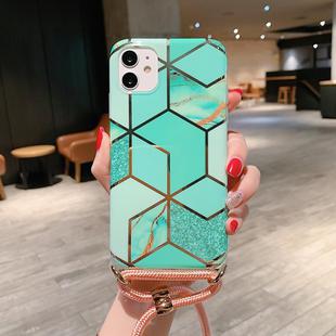 For iPhone 11 Plating Marble Pattern Soft TPU Protective Case with Shoulder Strap(Green Lattice)