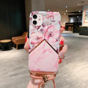 For iPhone 11 Pro Plating Marble Pattern Soft TPU Protective Case with Shoulder Strap(Pink Apple Blossom)