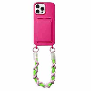 For iPhone 16 Pro Max Dopamine Card Slot Phone Case with Lanyard(Rose Red)