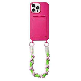 For iPhone 16 Pro Dopamine Card Slot Phone Case with Lanyard(Rose Red)