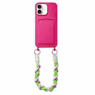 For iPhone 16 Plus Dopamine Card Slot Phone Case with Lanyard(Rose Red)