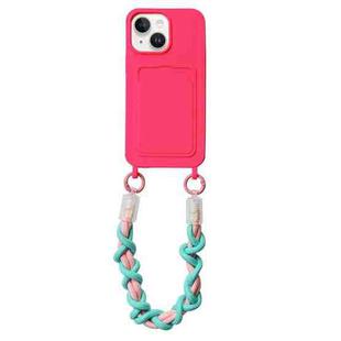 For iPhone 14 Plus Dopamine Card Slot Phone Case with Lanyard(Pink)