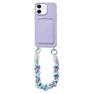 For iPhone 12 Dopamine Card Slot Phone Case with Lanyard(Purple)