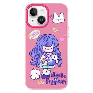 For iPhone 15 Plus Skin Feeling Jelly TPU Hybrid PC Phone Case(Purple Hair Girl Rose Red)