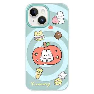 For iPhone 15 Plus Skin Feeling Jelly TPU Hybrid PC Phone Case(Apple Rabbit Yellow Light Green)