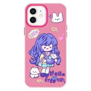 For iPhone 12 Skin Feeling Jelly TPU Hybrid PC Phone Case(Purple Hair Girl Rose Red)