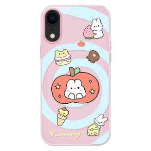 For iPhone XR Skin Feeling Jelly TPU Hybrid PC Phone Case(Apple Rabbit Yellow Word Pink)