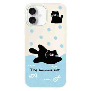 For iPhone 16 Plus Skin Feeling Jelly TPU Hybrid PC Phone Case(Swimming Black Cat White)