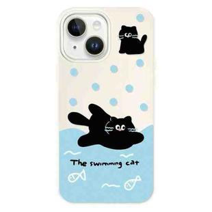 For iPhone 15 Plus Skin Feeling Jelly TPU Hybrid PC Phone Case(Swimming Black Cat White)