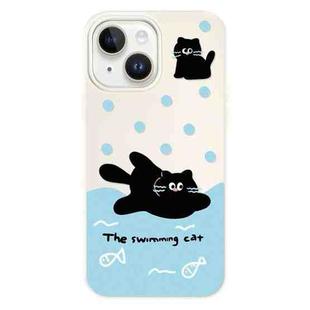 For iPhone 15 Skin Feeling Jelly TPU Hybrid PC Phone Case(Swimming Black Cat White)