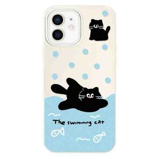 For iPhone 12 Skin Feeling Jelly TPU Hybrid PC Phone Case(Swimming Black Cat White)