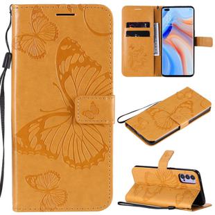 For OPPO Reno4 5G 3D Butterflies Embossing Pattern Horizontal Flip Leather Case with Holder & Card Slot & Wallet & Lanyard(Yellow)