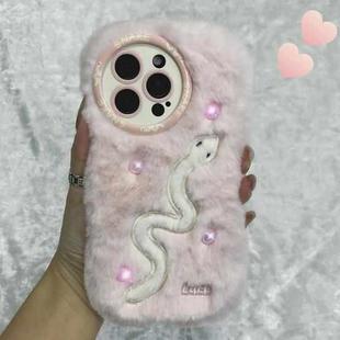 For iPhone 15 Pro Max Snake Embroidery Plush Silicone Phone Case(Snake And Pink)