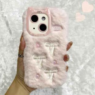 For iPhone 15 Plus Snake Embroidery Plush Silicone Phone Case(Bowknot And Pink)