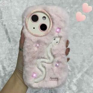 For iPhone 15 Plus Snake Embroidery Plush Silicone Phone Case(Snake And Pink)