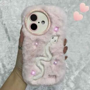 For iPhone 16 Snake Embroidery Plush Silicone Phone Case(Snake And Pink)