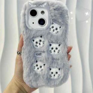 For iPhone 14 Plus Cute Embroidery Plush Silicone Phone Case(Gray Cat)