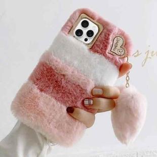 For iPhone 15 Pro Max Gold Diamond Flower Decorated Plush Silicone Phone Case with Pendant(Pink White)