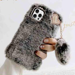 For iPhone 15 Pro Max Gold Diamond Flower Decorated Plush Silicone Phone Case with Pendant(Grey)