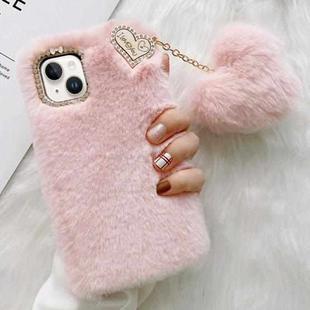 For iPhone 15 Plus Gold Diamond Flower Decorated Plush Silicone Phone Case with Pendant(Pink)