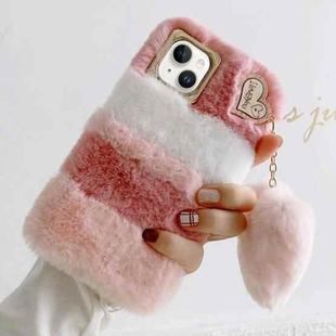 For iPhone 15 Gold Diamond Flower Decorated Plush Silicone Phone Case with Pendant(Pink White)