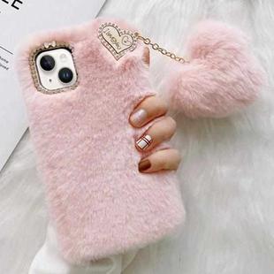 For iPhone 14 Plus Gold Diamond Flower Decorated Plush Silicone Phone Case with Pendant(Pink)