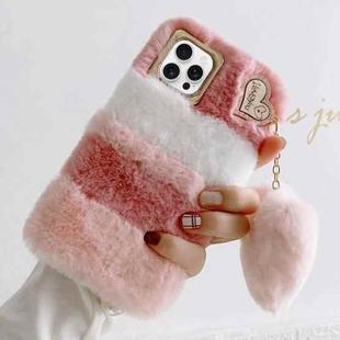 For iPhone 13 Pro Gold Diamond Flower Decorated Plush Silicone Phone Case with Pendant(Pink White)