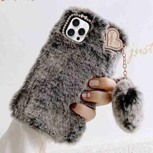 For iPhone 13 Pro Gold Diamond Flower Decorated Plush Silicone Phone Case with Pendant(Grey)