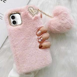 For iPhone 16 Gold Diamond Flower Decorated Plush Silicone Phone Case with Pendant(Pink)