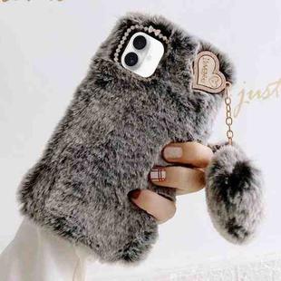 For iPhone 16 Gold Diamond Flower Decorated Plush Silicone Phone Case with Pendant(Grey)