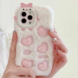 For iPhone 14 Pro Embroidered Plush TPU Phone Case(Beige Pink Heart)