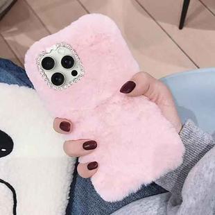 For iPhone 15 Pro Max Diamond Lens Ring Solid Color Plush Phone Case(Pink)