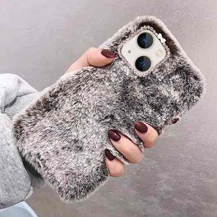 For iPhone 15 Diamond Lens Ring Solid Color Plush Phone Case(Brown)