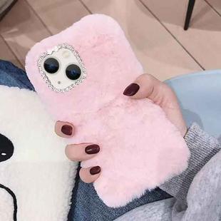 For iPhone 14 Diamond Lens Ring Solid Color Plush Phone Case(Pink)