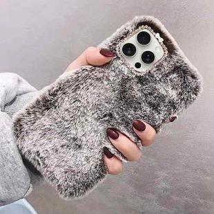 For iPhone 14 Pro Diamond Lens Ring Solid Color Plush Phone Case(Brown)