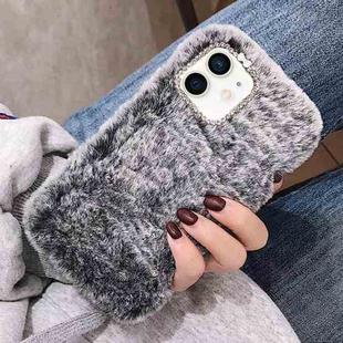 For iPhone 12 mini Diamond Lens Ring Solid Color Plush Phone Case(Gray)