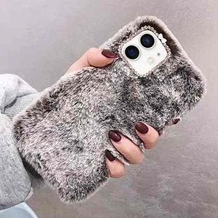 For iPhone 12 mini Diamond Lens Ring Solid Color Plush Phone Case(Brown)
