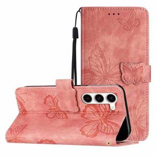 For Samsung Galaxy S25 5G Skin-feel Embossed Butterfly Leather Phone Case(Pink)
