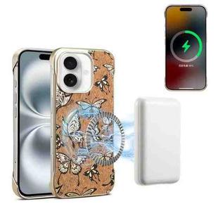 For iPhone 16 Denior A18 WoodenPaint MagSafe Phone Case(Butterflies)